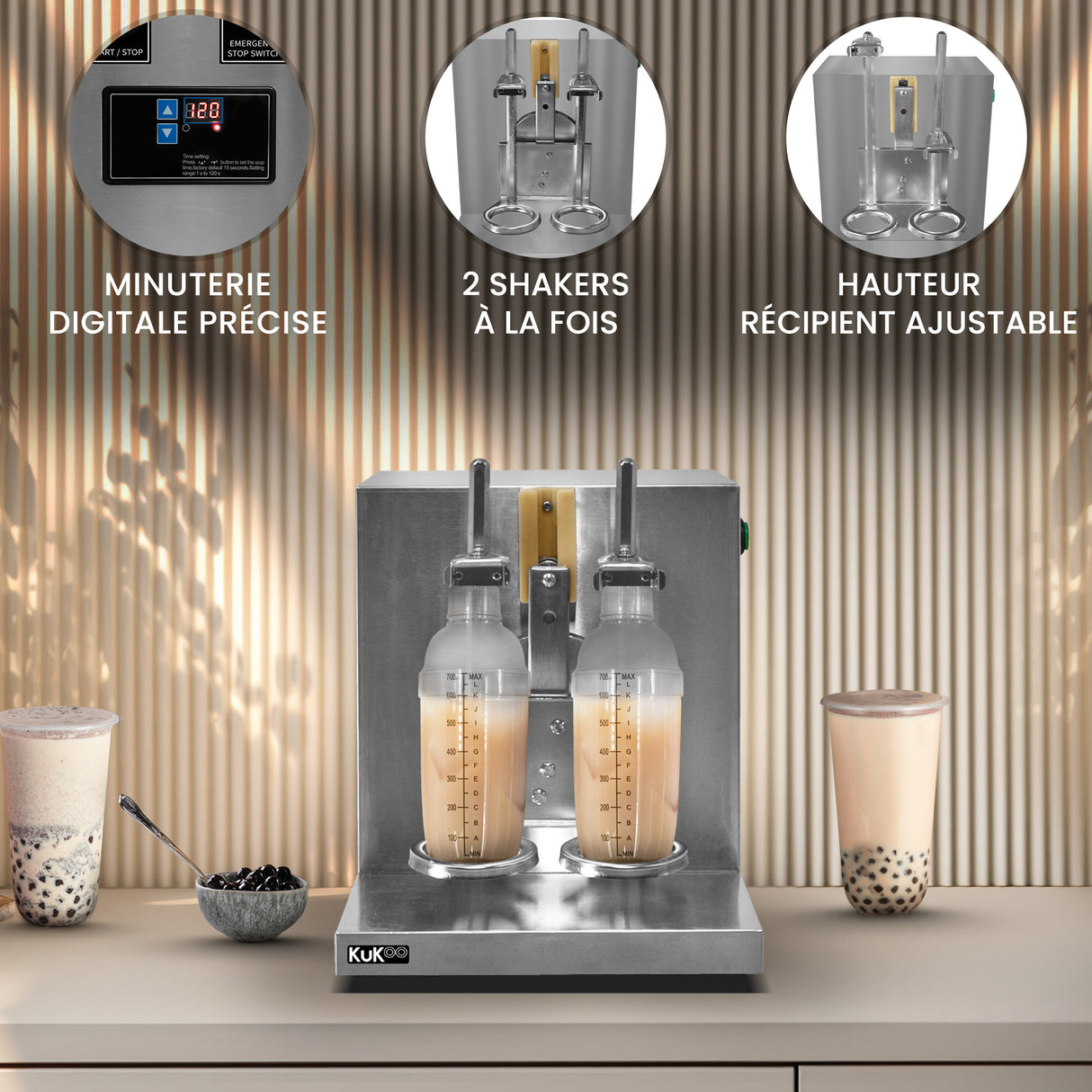 Shaker automatique KuKoo en acier inoxydable avec deux récipients, minuterie digitale et hauteur ajustable, idéal pour le bubble tea
