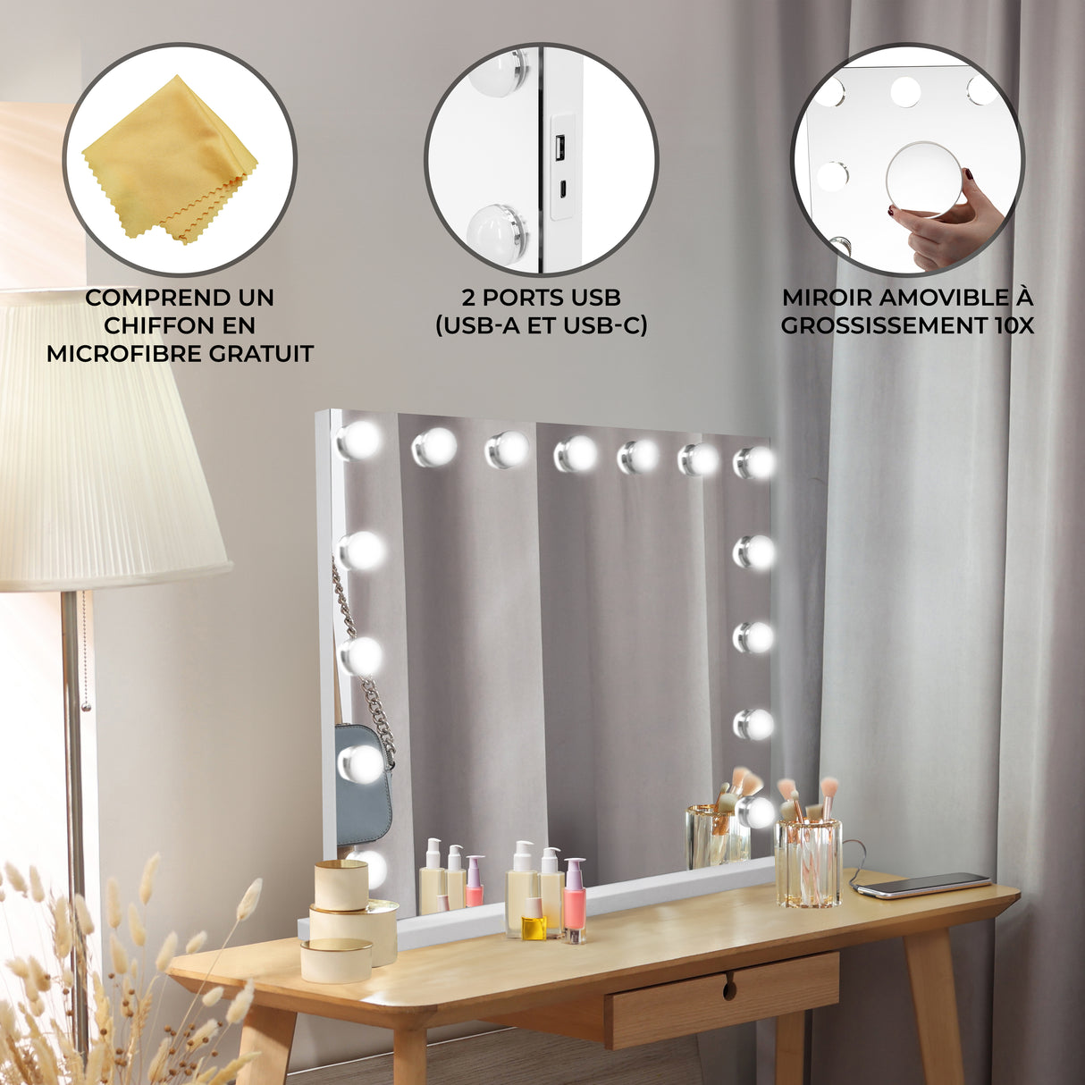 Miroir LED Bluetooth - 58 x 46 cm