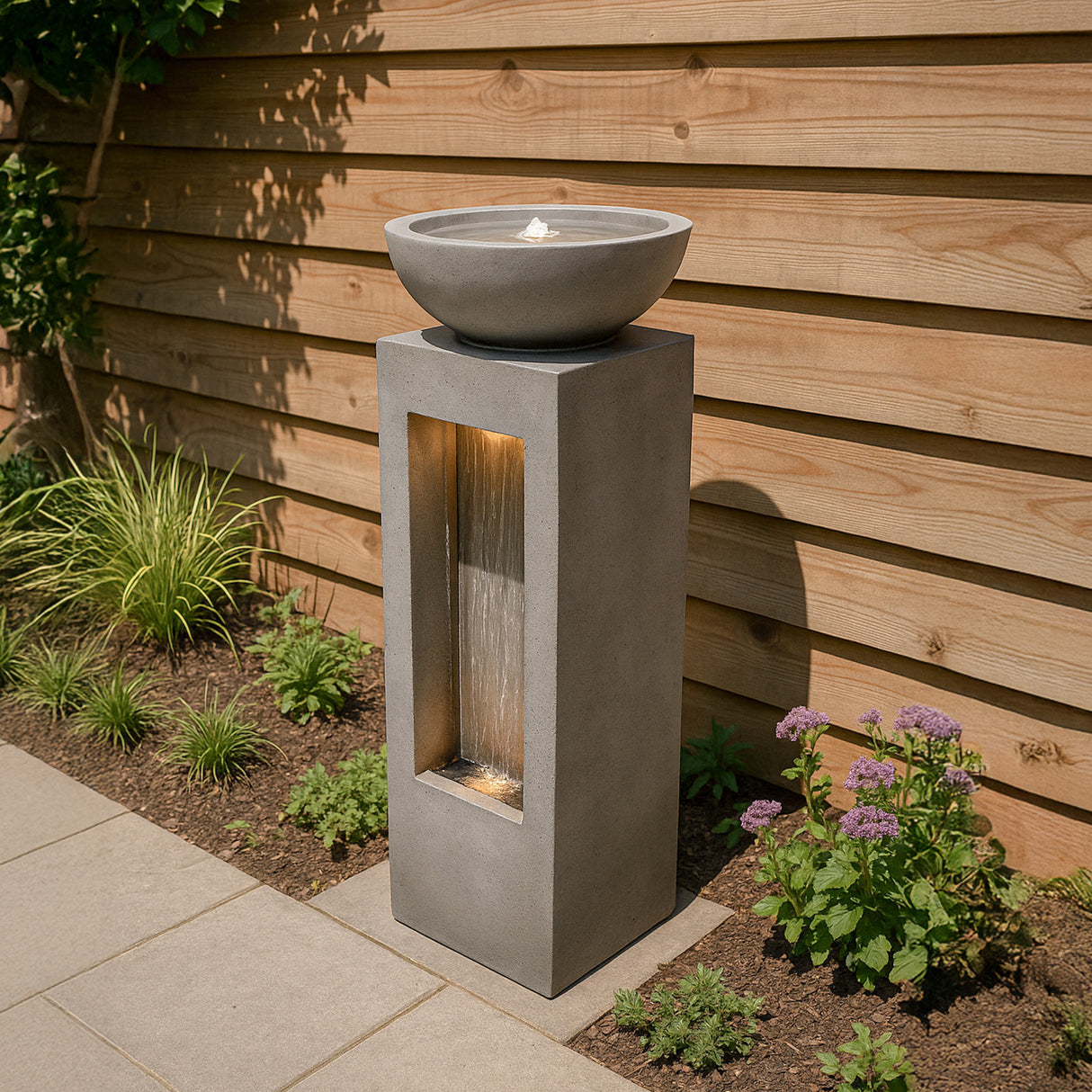 Fontaine de Jardin « Serenity Falls » Avec Éclairage LED Blanc Chaud & Brosse à Nettoyage