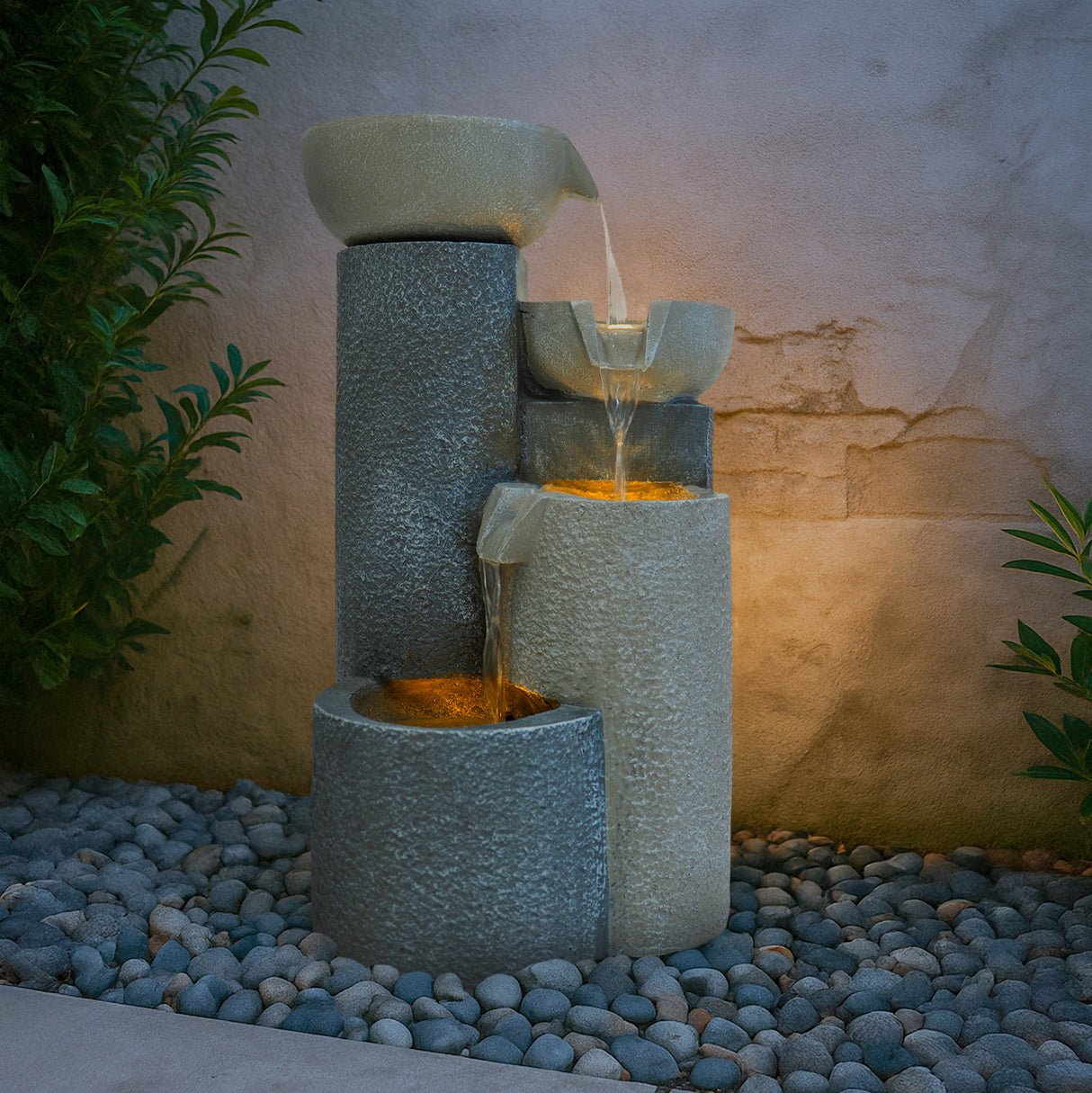 Fontaine de Jardin « Tranquil Tiers » Avec Éclairage LED Blanc Chaud & Brosse à Nettoyage
