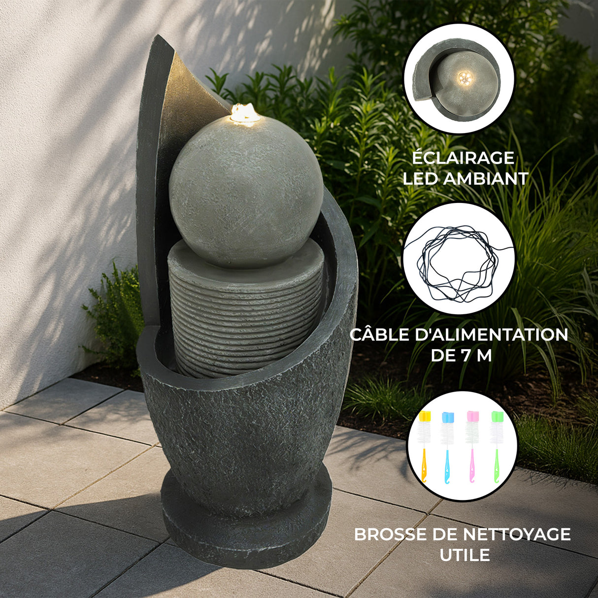 Fontaine de Jardin « Zen Cascade » Avec Éclairage LED Blanc Chaud & Brosse à Nettoyage