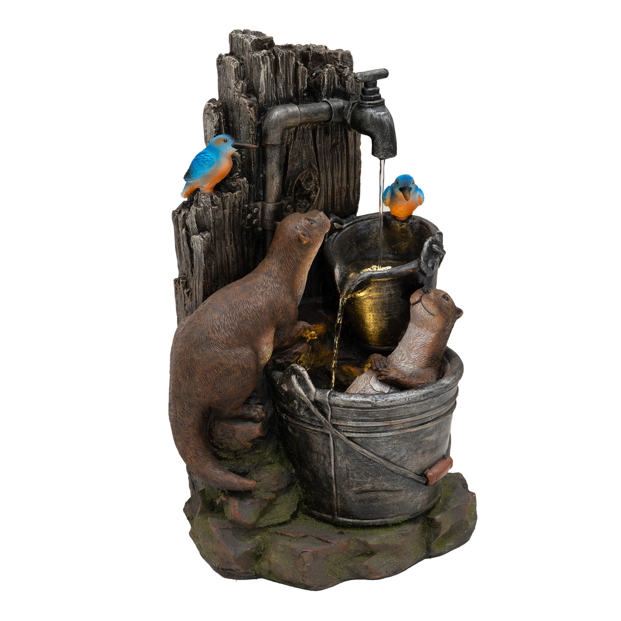 Fontaine de Jardin « Otter Oasis » Avec Éclairage LED Blanc Chaud & Brosse à Nettoyage