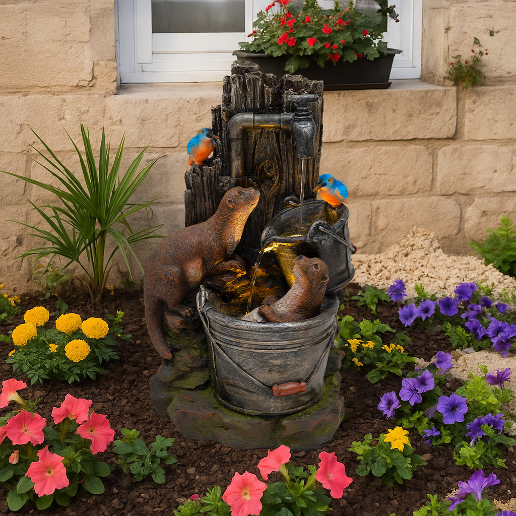 Fontaine de Jardin « Otter Oasis » Avec Éclairage LED Blanc Chaud & Brosse à Nettoyage