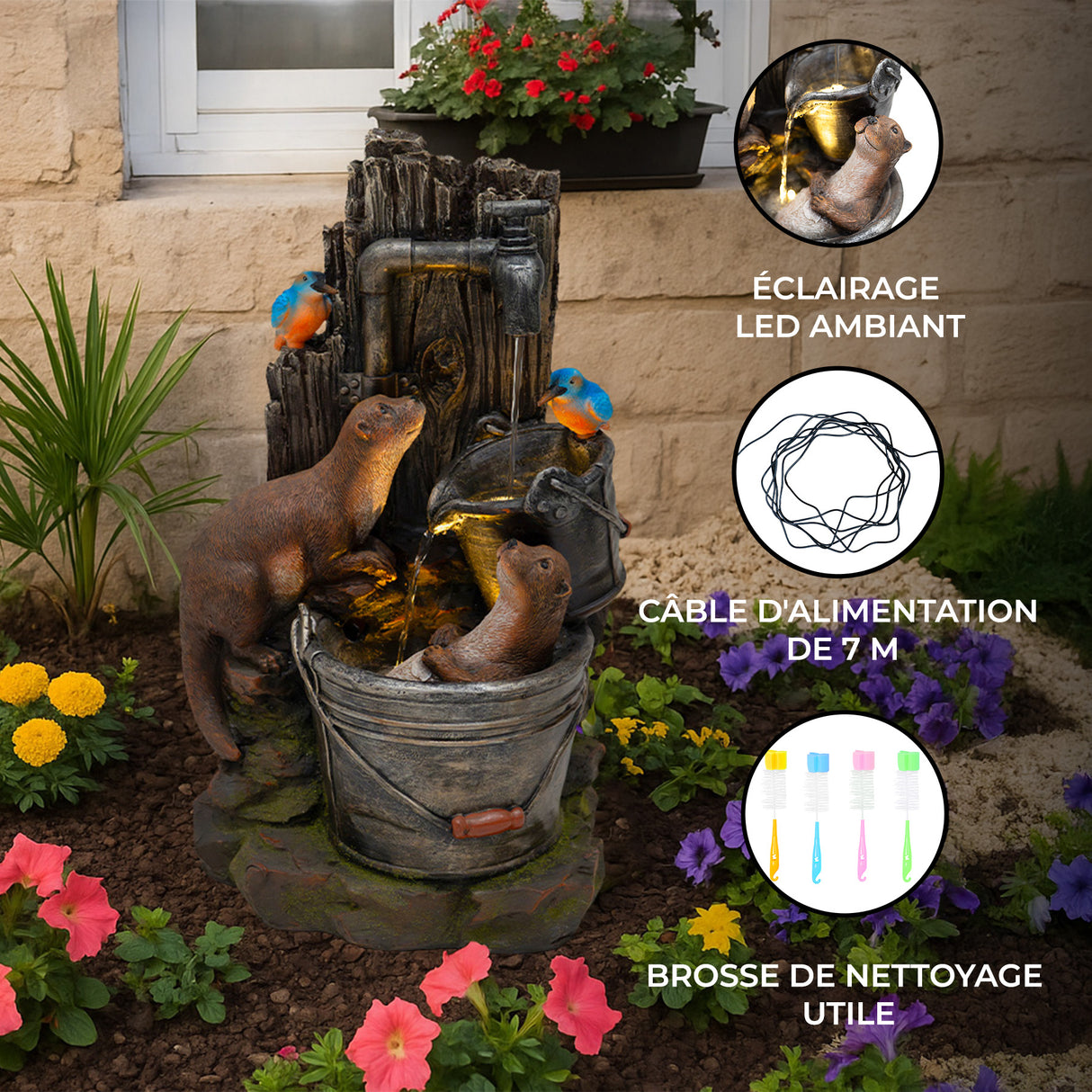 Fontaine de Jardin « Otter Oasis » Avec Éclairage LED Blanc Chaud & Brosse à Nettoyage