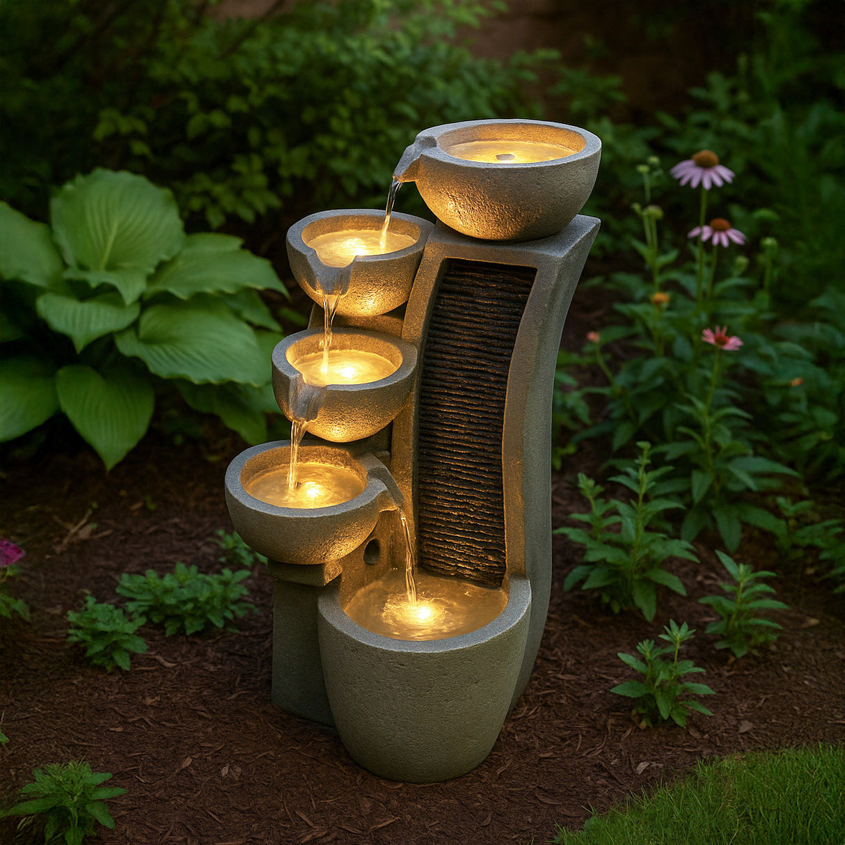 Fontaine de Jardin « Sleek Streams » Avec Éclairage LED Blanc Chaud & Brosse à Nettoyage