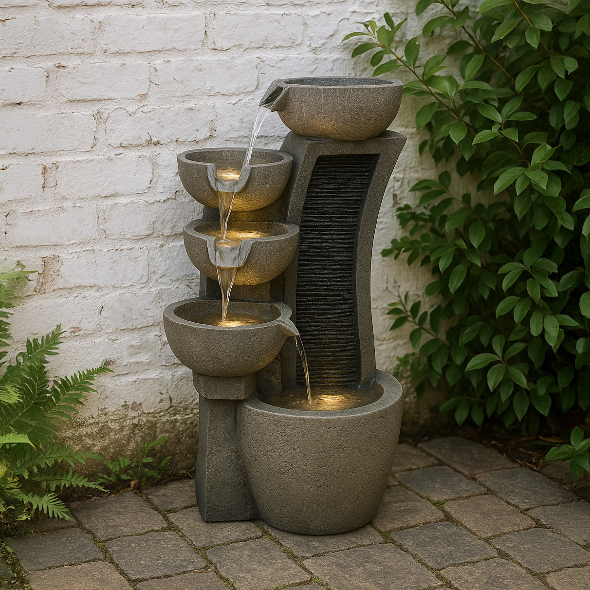 Fontaine de Jardin « Sleek Streams » Avec Éclairage LED Blanc Chaud & Brosse à Nettoyage