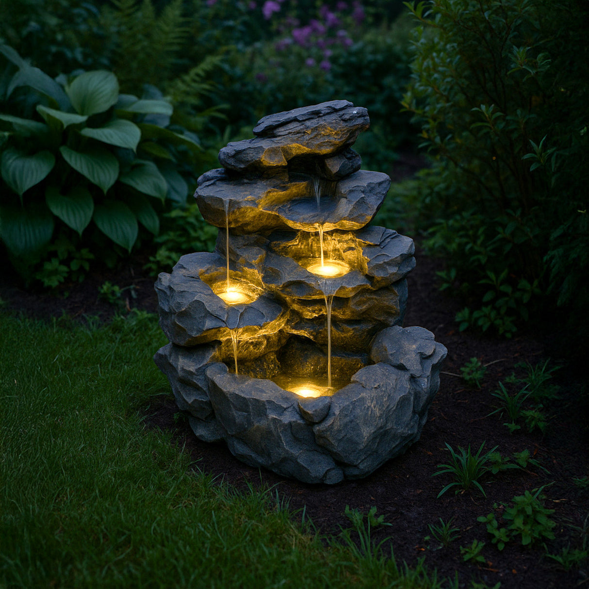 Fontaine de Jardin « Rustic Rapids » Avec Éclairage LED Blanc Chaud & Brosse à Nettoyage