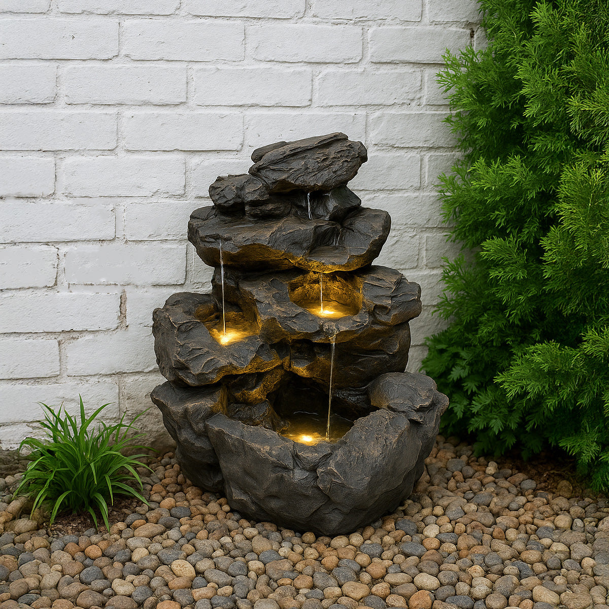 Fontaine de Jardin « Rustic Rapids » Avec Éclairage LED Blanc Chaud & Brosse à Nettoyage