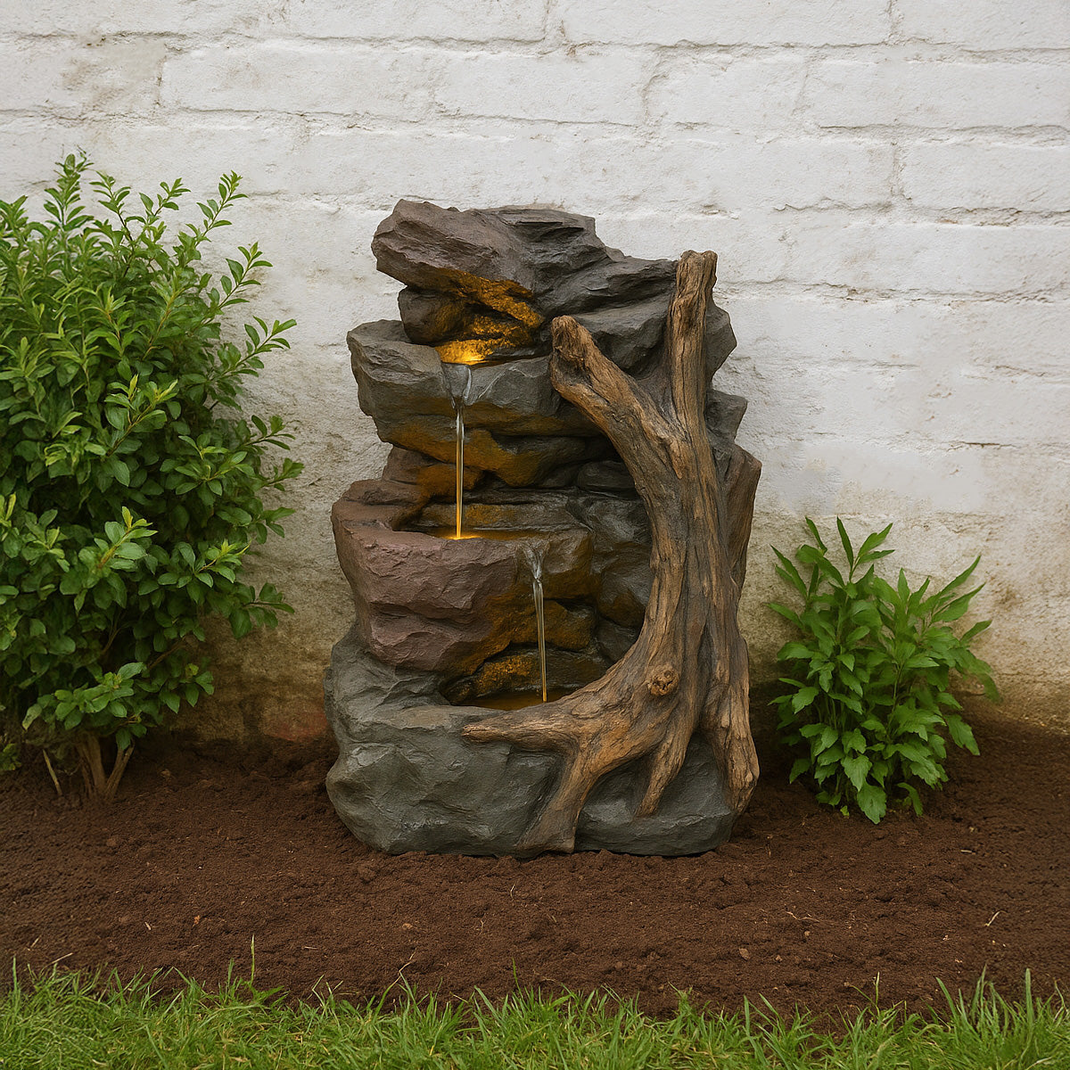 Fontaine de Jardin « Willow Springs » Avec Éclairage LED Blanc Chaud & Brosse à Nettoyage