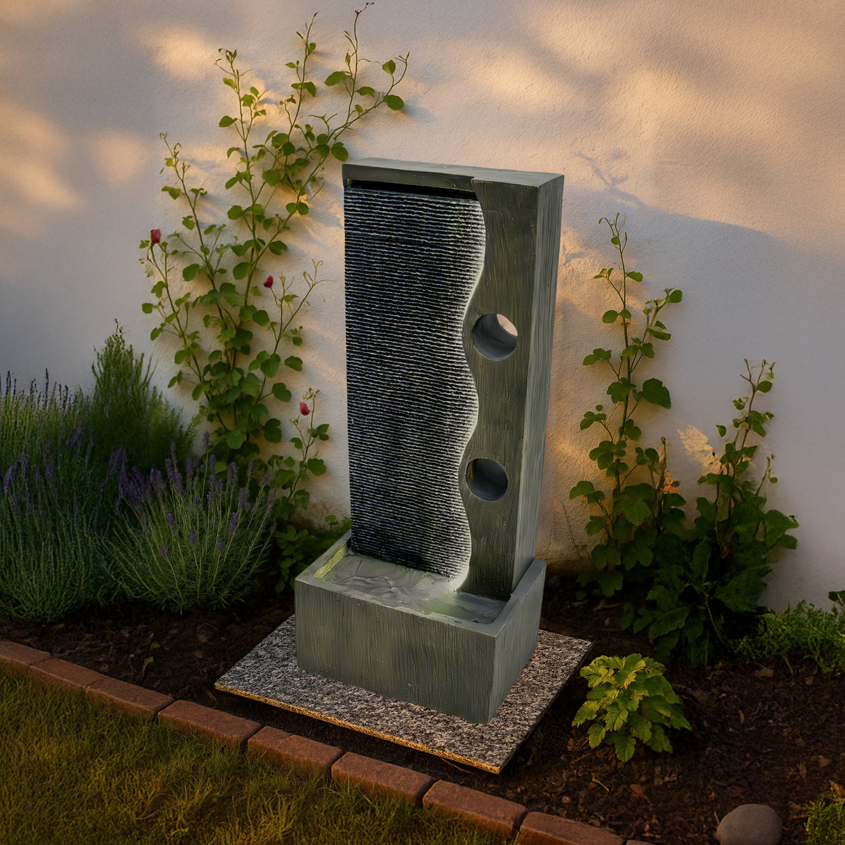 Fontaine de Jardin « Harmony Falls » Avec Éclairage LED Blanc Chaud & Brosse à Nettoyage