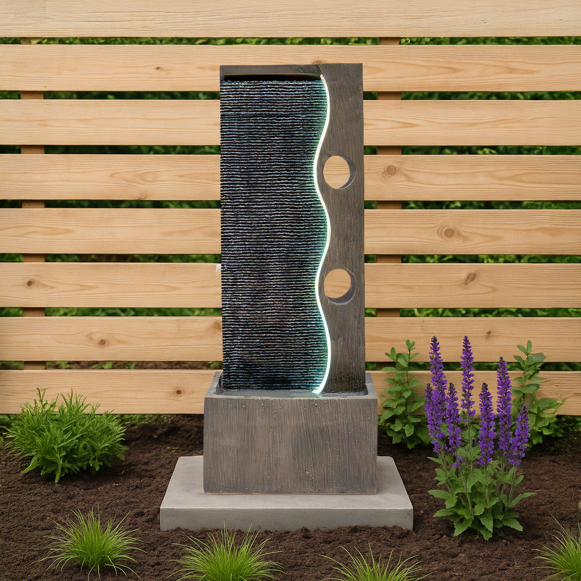 Fontaine de Jardin « Harmony Falls » Avec Éclairage LED Blanc Chaud & Brosse à Nettoyage