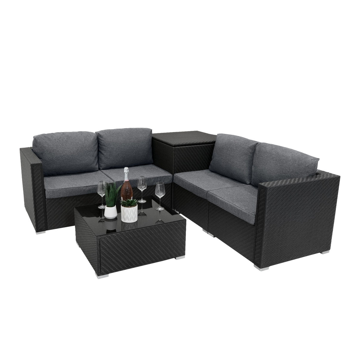 Salon de Jardin Modulaire en Rotin Noir - 6 Pièces