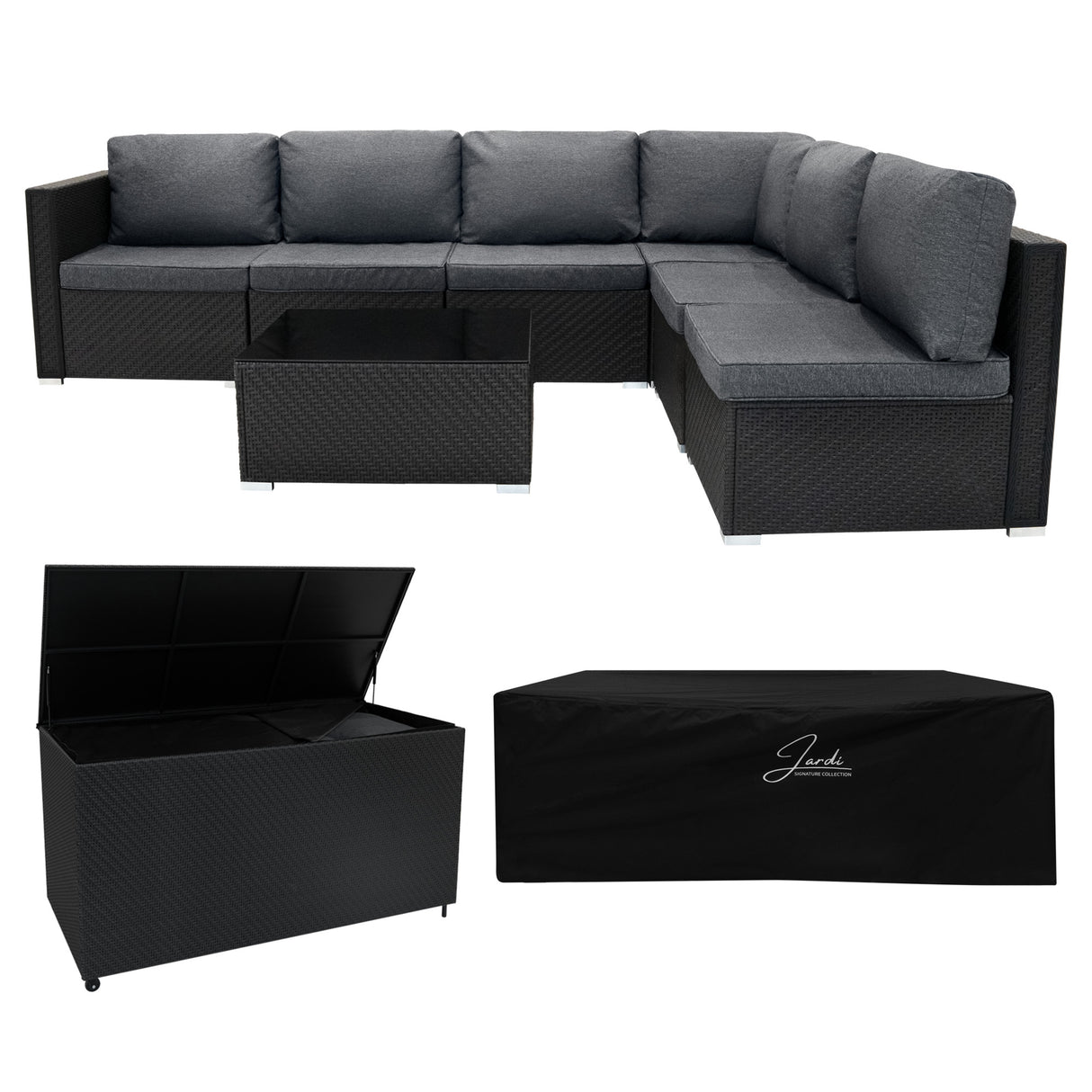 Salon de Jardin Modulaire en Rotin Noir - 7 Pièces & Coffre de Rangement 996 L