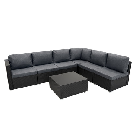 Salon de Jardin Modulaire en Rotin Noir - 7 Pièces & Coffre de Rangement 996 L