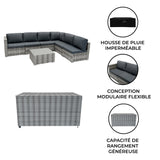 Salon de Jardin Modulaire en Rotin Gris - 7 Pièces & Coffre de Rangement 700 L