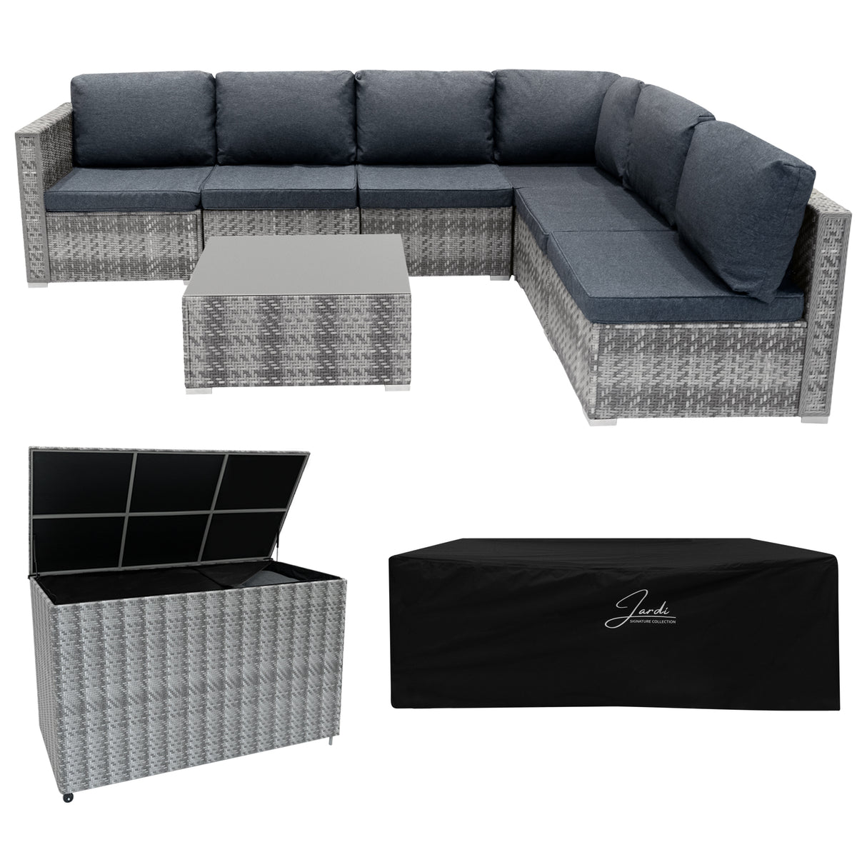 Salon de Jardin Modulaire en Rotin Gris - 7 Pièces & Coffre de Rangement 996 L