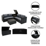 Salon de Jardin Modulaire en Rotin Noir - 6 Pièces & Coffre de Rangement 700 L