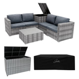 Salon de Jardin Modulaire en Rotin Gris - 6 Pièces & Coffre de Rangement 996 L