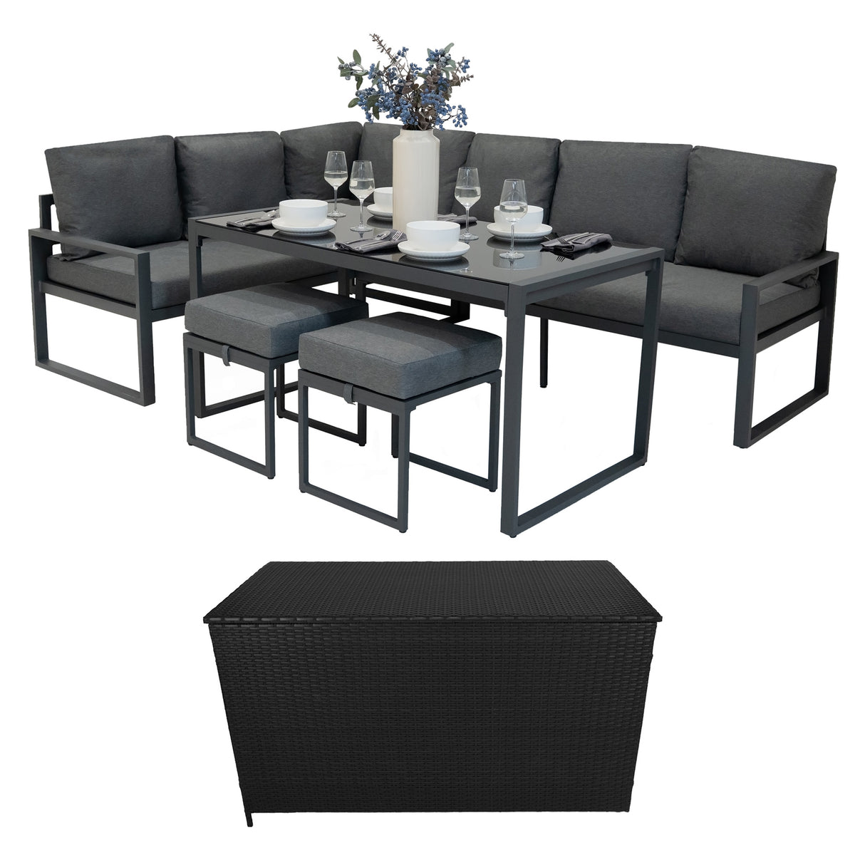 Lot de Salon de Jardin 5 Pièces en Aluminium Gris Anthracite & Coffre de Rangement 582 L en Rotin Noir