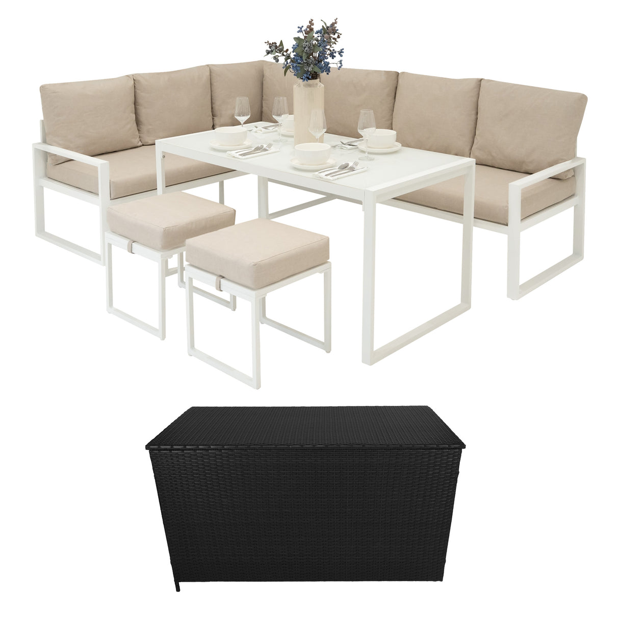 Lot de Salon de Jardin 5 Pièces en Aluminium Blanc & Coffre de Rangement 582 L en Rotin Noir