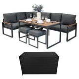 Lot de Salon de Jardin 5 Pièces en Aluminium Effet Bois & Coffre de Rangement 582 L en Rotin Noir
