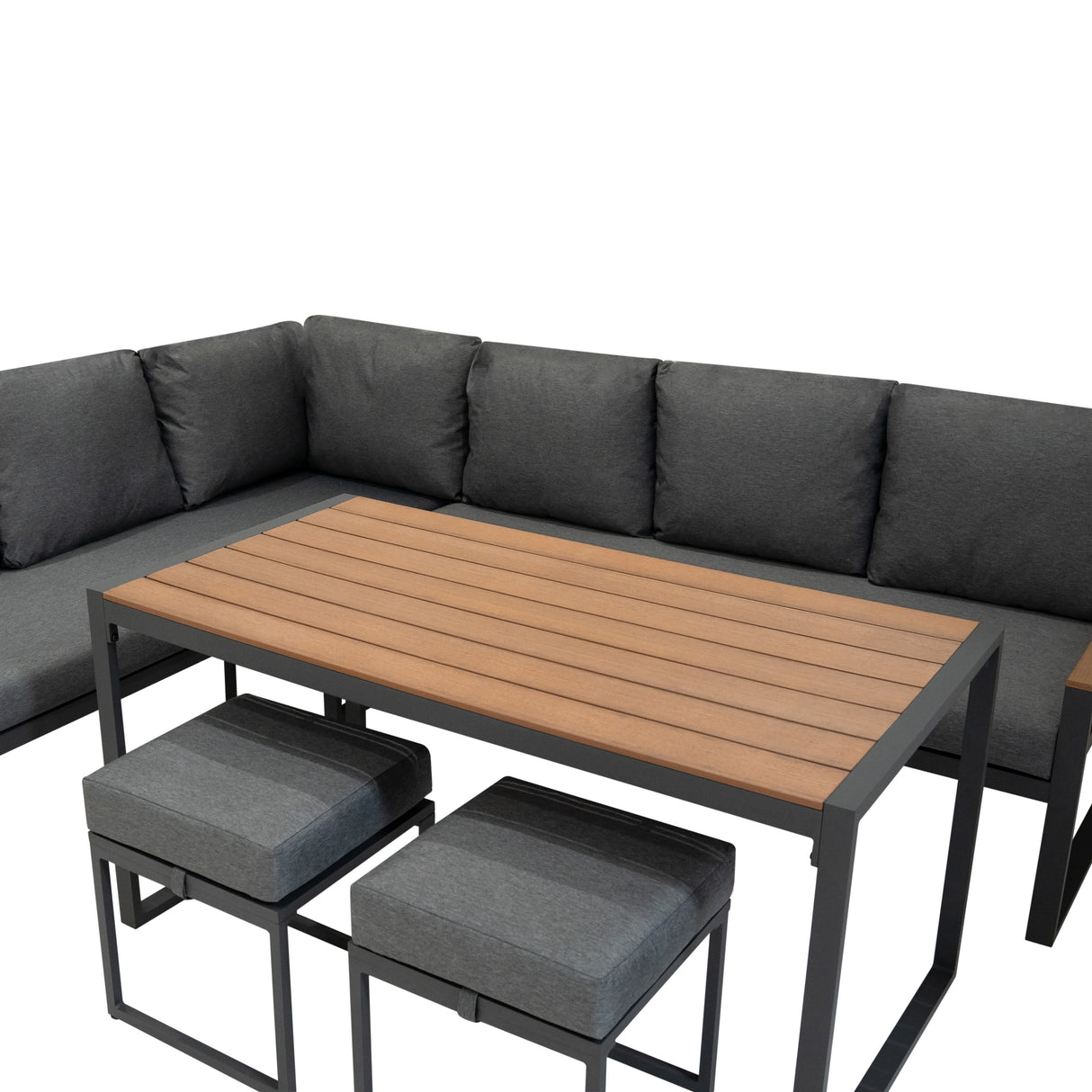 Lot de Salon de Jardin 5 Pièces en Aluminium Effet Bois & Coffre de Rangement 582 L en Rotin Noir