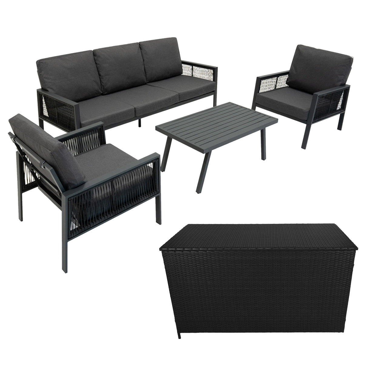 Lot de Salon de Jardin 4 Pièces en Aluminium Gris Anthracite & Coffre de Rangement 582 L en Rotin Noir