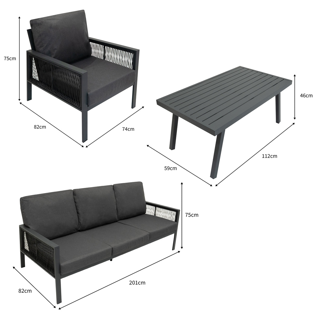 Lot de Salon de Jardin 4 Pièces en Aluminium Gris Anthracite & Coffre de Rangement 582 L en Rotin Noir
