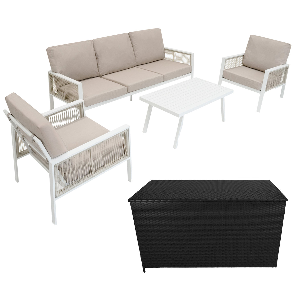 Lot de Salon de Jardin 4 Pièces en Aluminium Blanc & Coffre de Rangement 582 L en Rotin Noir