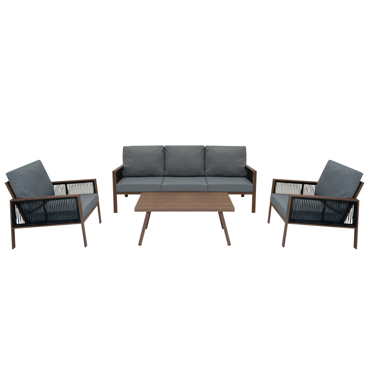 Lot de Salon de Jardin 4 Pièces en Aluminium Effet Bois & Coffre de Rangement 582 L en Rotin Noir