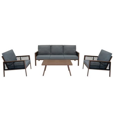 Lot de Salon de Jardin 4 Pièces en Aluminium Effet Bois & Coffre de Rangement 582 L en Rotin Noir