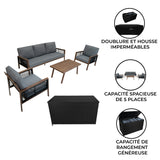 Lot de Salon de Jardin 4 Pièces en Aluminium Effet Bois & Coffre de Rangement 582 L en Rotin Noir