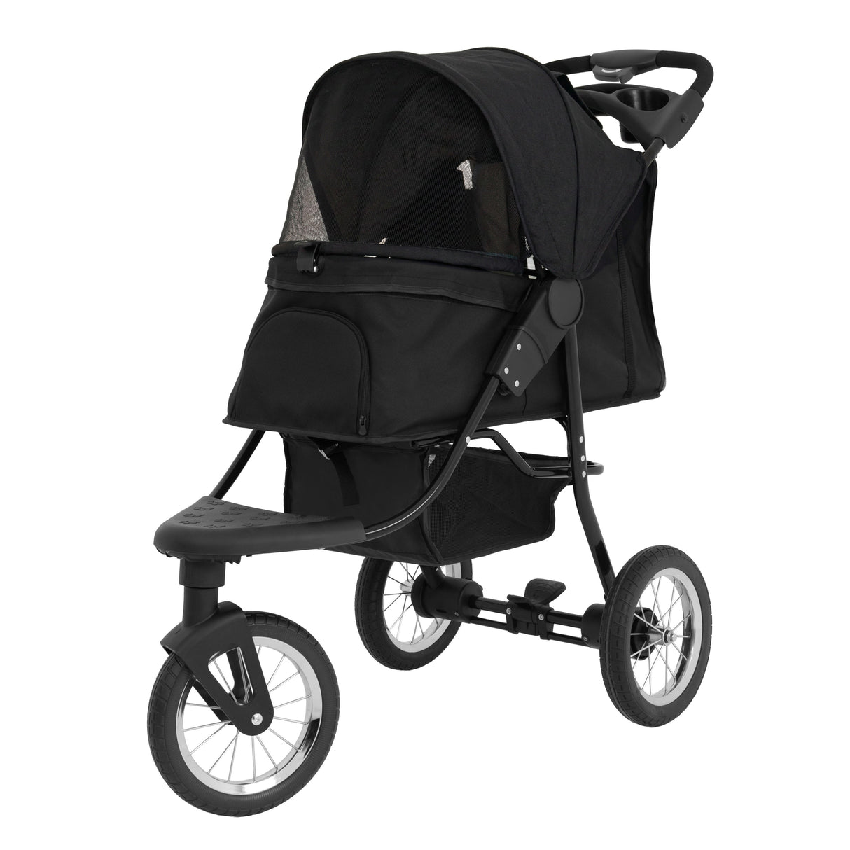 Poussette jogger pour animal de compagnie en noir, avec un design léger, roues robustes et un toit en maille pour ventilation