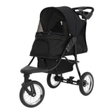 Poussette jogger pour animal de compagnie en noir, avec un design léger, roues robustes et un toit en maille pour ventilation