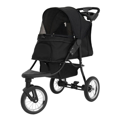 Poussette jogger pour animal de compagnie en noir, avec un design léger, roues robustes et un toit en maille pour ventilation