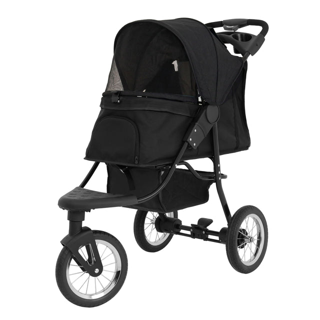 Poussette jogger pour animal de compagnie en noir, avec un design léger, roues robustes et un toit en maille pour ventilation