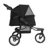 Poussette jogger pour animal de compagnie en noir, avec un design élégant, une structure robuste et un toit en filet pour la ventilation