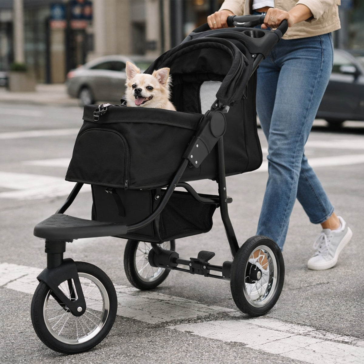 Poussette jogger noire pour animal de compagnie avec un petit chien heureux à l'intérieur, roues robustes et design moderne