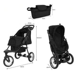 Poussette jogger pour animal de compagnie noire avec panier, roues robustes et design pliable, idéale pour les promenades actives