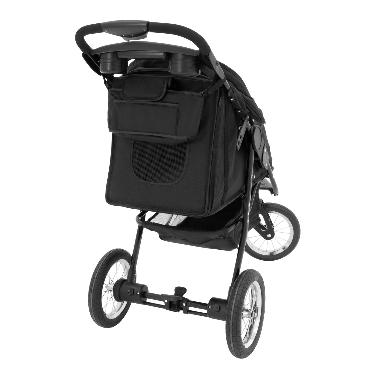 Poussette jogger pour animal de compagnie en noir, avec un design robuste, roues en métal et un grand espace de rangement à l'arrière