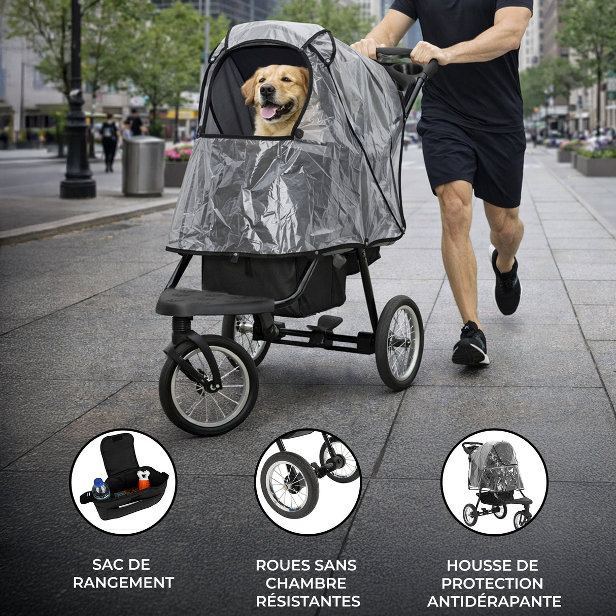 Poussette jogger pour animal de compagnie noire avec housse de protection, roues résistantes et sac de rangement, sur un trottoir urbain
