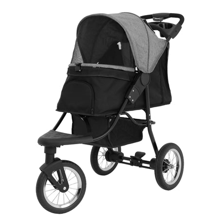 Poussette jogger pour animal de compagnie en gris et noir, avec un toit en tissu, roues robustes et panier de rangement intégré