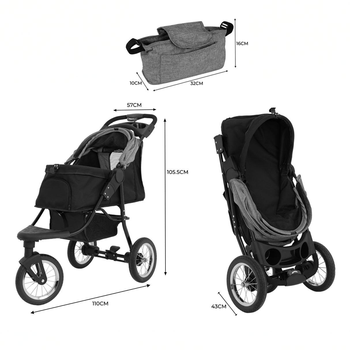 Poussette jogger pour animal de compagnie en gris, avec roues robustes, siège spacieux et sac de rangement pratique en tissu