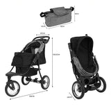Poussette jogger pour animal de compagnie en gris, avec roues robustes, siège spacieux et sac de rangement pratique en tissu