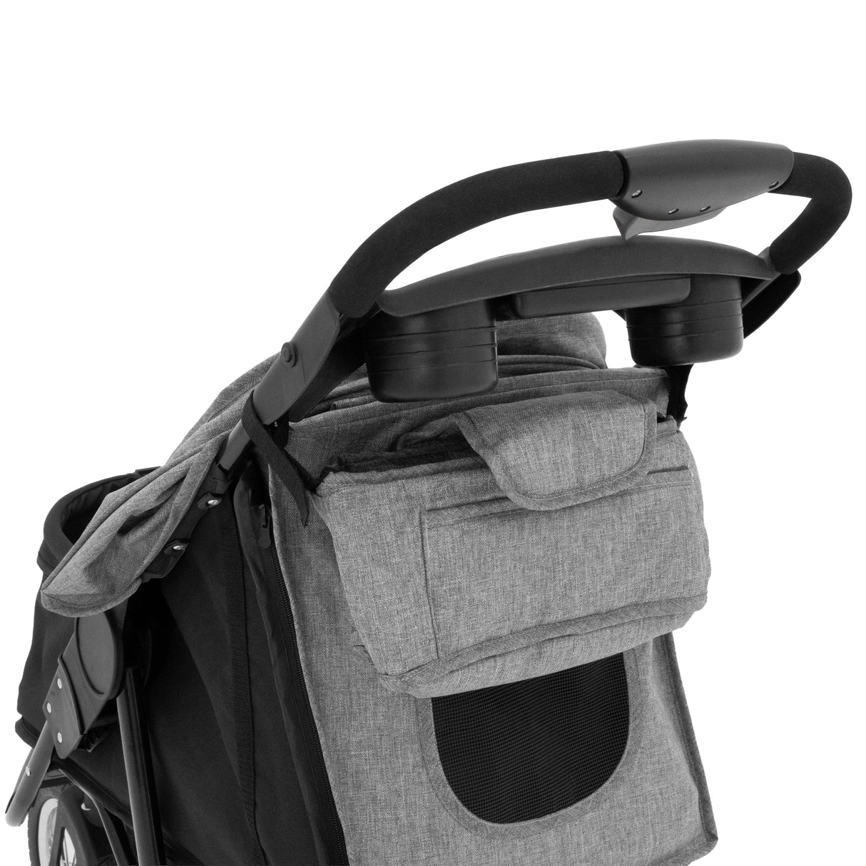 Poussette jogger pour animal de compagnie en gris, avec un dossier rembourré, poignées ergonomiques et compartiment de rangement pratique