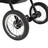 Poussette jogger pour animal de compagnie avec roues noires et chromées, cadre léger, design ergonomique et tissu gris résistant