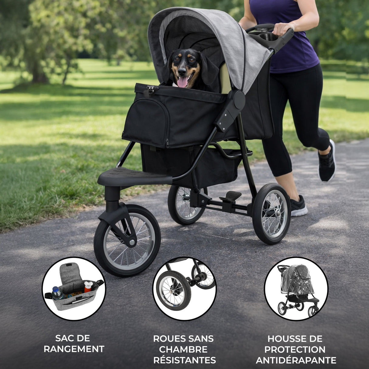 Poussette jogger pour animal de compagnie grise avec sac de rangement, roues résistantes et housse de protection antidérapante