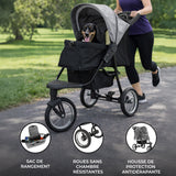 Poussette jogger pour animal de compagnie grise avec sac de rangement, roues résistantes et housse de protection antidérapante