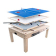 Table multi jeux 7 en 1 en chêne, avec des surfaces de jeu empilables pour le ping-pong, le hockey, et d'autres jeux variés
