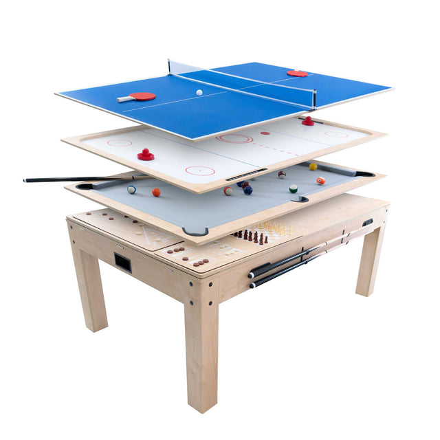 Table multi jeux 7 en 1 en chêne, avec des surfaces de jeu empilables pour le ping-pong, le hockey, et d'autres jeux variés